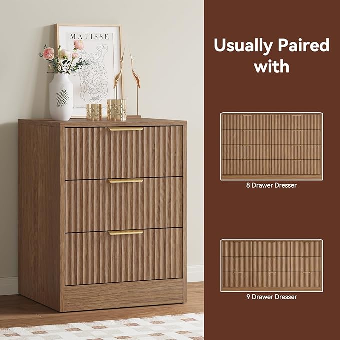 Fluted Dresser & 3 Drawer Nightstand Set 3-Piece, 63” Long 9 Drawer Dresser and Night Stand Set of 2, Fluted Modern Wood Chest of Drawers Storage Dressers Set for Bedroom, Natural Wood