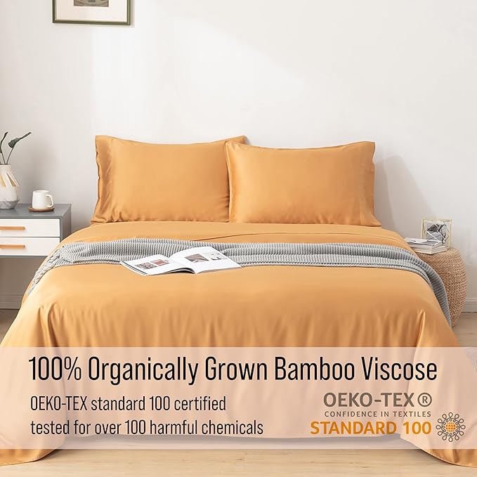 Bella Coterie Luxury Bamboo Viscose Queen Size Sheet Set | 100% Organically Grown | Ultra Soft | Cooling for Hot Sleepers | 18" Deep Pocket [Marigold]