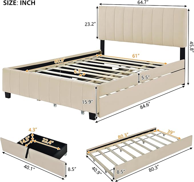 Queen Bed Frame with Trundle Bed,Velvet Upholstered Platform Bed Frame with Storage Drawers,Queen Size Trundle Bed with Headboard for Kids Teens Adults,Beige