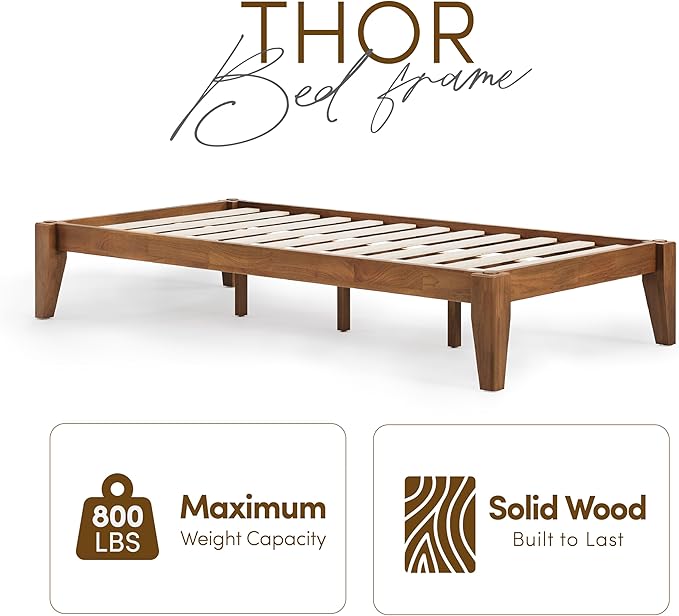 Thor Premium Solid Wood Bed Frame Twin XL, Platform Bed, Japanese Joinery Bed Frame, Wood Slat Support, No Box Spring Needed, Easy Assembly, Minimalist & Modern Style (Walnut)