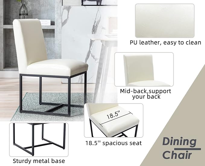 CIMOTA Modern Dining Chairs Set of 2, Leather Dining Room Chairs Upholstered Armless Guest Side Chair with Black Base for Dining Room/Kitchen, Cream 2PCS