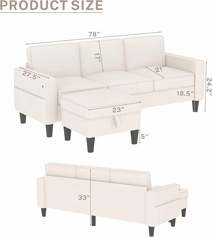 ZeeFu Sectional and Sofa Couches for Living Room - 78'' 3 Seater L-Shaped Modular Couch with Storage Ottoman - Modern Velevt Fabric Upholstered Sofa Set for Small Space Apartment Office