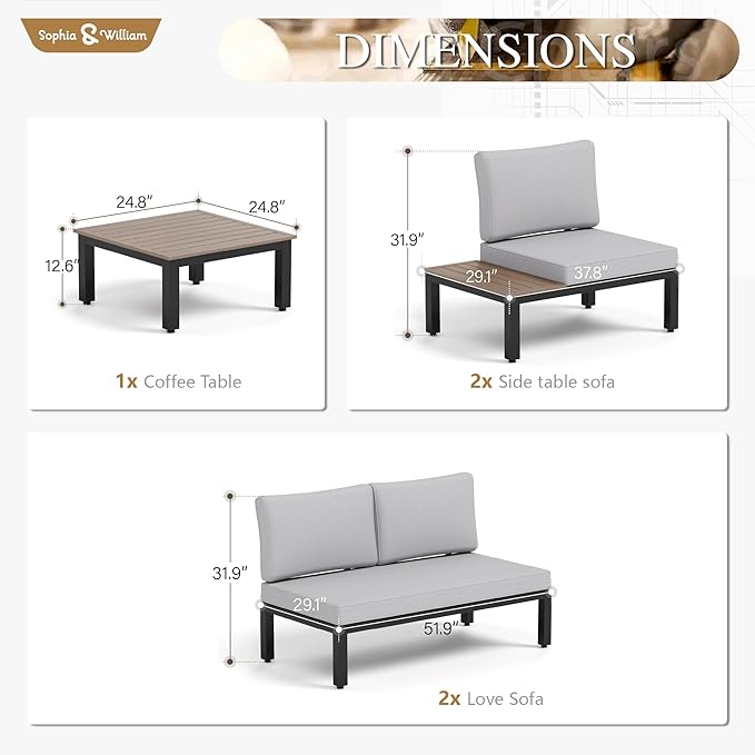 Sophia & William 5 Pieces Outdoor Patio Furniture Set, Metal Sectional Sofa Set Patio Conversation Set with Cushions-2 x Single Sofa with Side Table, 2 x Loveseat, 1 x Tea Table