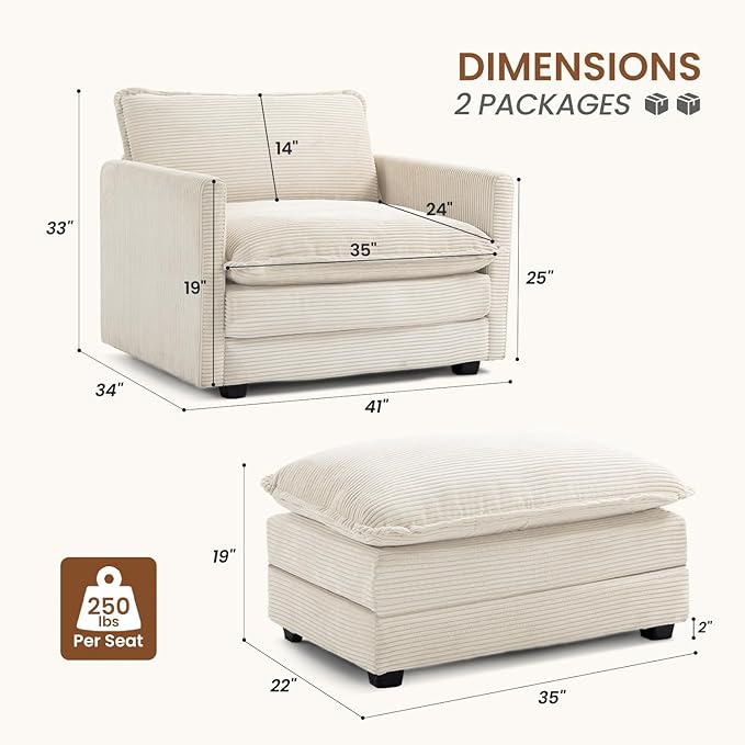 ROWHY Single Armchair with Ottoman, Modern Corduroy Cloud Couch with Convertible Chaise, Upholstered Sofa Set for Living Room, Beige