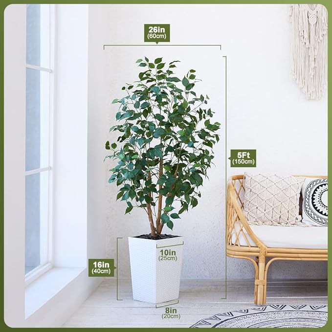 5ft Artificial Ficus Tree,Tall Faux Tree with Pebbles & Planter UV Resistant Potted Fake Plant with Silk Leaves & Real Wood Trunk,Indoor Outdoor Floor Plant for Home,Living Room,VN129