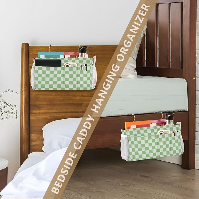 Bedside Caddy Hanging Bunk Bed Caddy Bed Organizer Hanging Pocket with 2 Hooks Bedside Storage Organizer Pocket Bag Holder Checkered Light Green