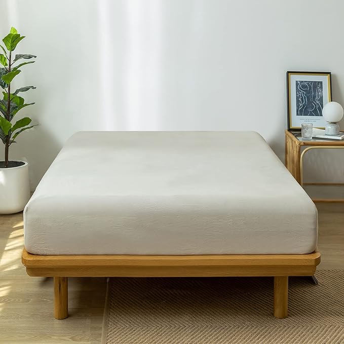 MooMee Fitted Bottom Sheet Only 100% Washed Cotton Linen Like Textured Breathable Durable Soft Comfy Deep Pocket Fits Mattress up to 17" (Cream Grey, Queen)