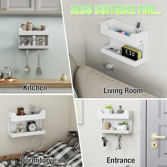 NiHome Wall Mounted Wooden Bedside Accessories Organizer, Double Tray Bedside Storage Shelf Rack with Magnetic Hooks, Bedroom Dorm RV Wall Caddy Holder for Phone Glasses Alarm Clock Remote (White)
