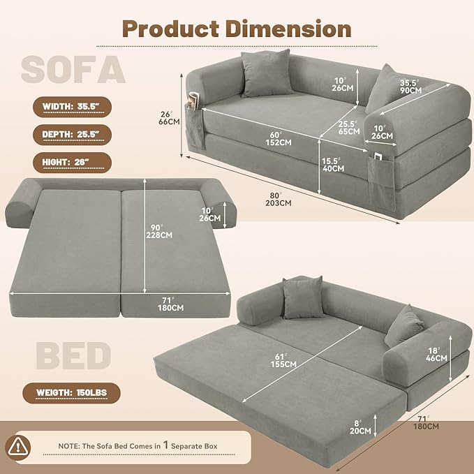 Convertible Futon Sofa Bed,80" Folding Pull Out Couch Bed with Storage,Queen Sleeper Sofa Bed,Compressed Couch in a Box,Corduroy Boneless Couches for Living Room,Light Grey