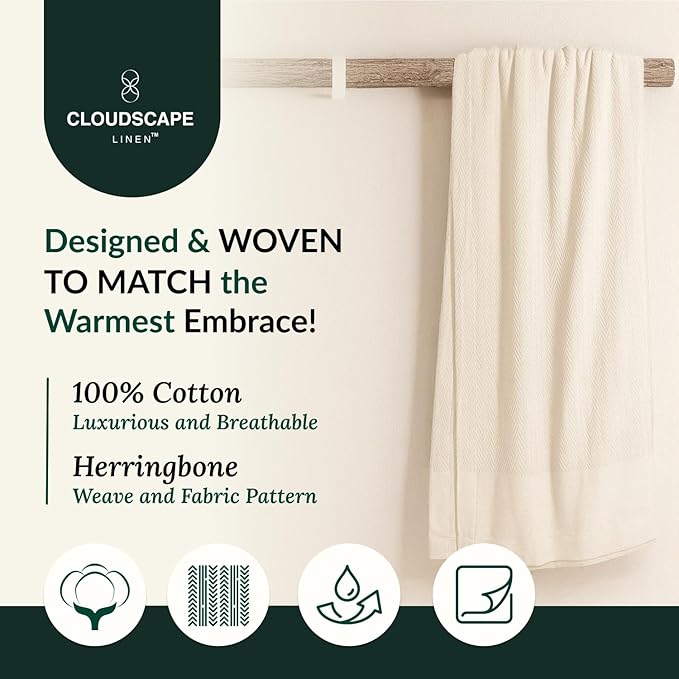 Cloud Scape Linen 100% Cotton Blanket King 92x108 Ivory - Cozy Herringbone Weave, Fits Up to Cal King Beds, Breathable Softness, All-Season Warmth, Heavy Layering Winter Blanket