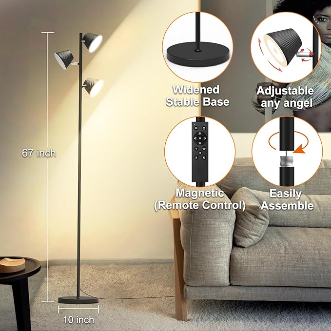 42W LED Tree Floor Lamp, 4500 Lumens Dimmable Standing Lamp with Remote & Touch Control, Modern Super Bright 3 Rotatable LED Light Floor Lamps for Living Room, Bedroom, Office