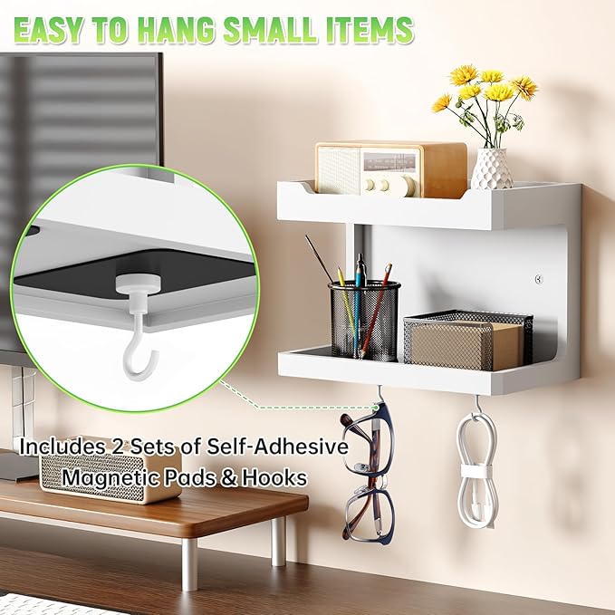 NiHome Large Wall Mounted Wooden Bedside Organizer, Double Storage Shelves & Magnetic Hooks, Solid Wood Bedside Shelf for Phone Glasses Remote Keys, Space-Saving Wall Rack for Bedroom RV Dorm (White)