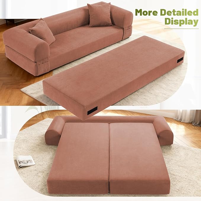 Convertible Futon Sofa Bed,80" Folding Pull Out Couch Bed with Storage,Queen Sleeper Sofa Bed,Compressed Couch in a Box,Corduroy Boneless Couches for Living Room,Pink