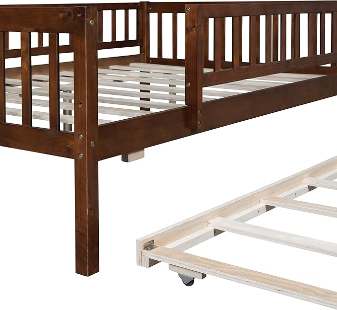 Bellemave Full Size Bed Frames with Rails for Kids, Full daybed Frame with Trundle for Boys/Girls/Adults，Walnut