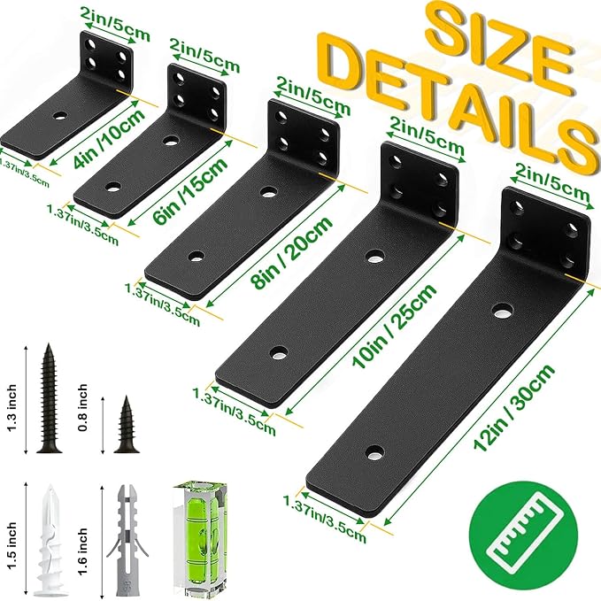 Floating Shelf Bracket 4 Inch of 8 Pack Heavy Duty Shelf Brackets Black Coated Metal L Bracket Wall Shelf Support DIY Brackets with 1/5 Inch Thick and 160 LBS Load Capacity