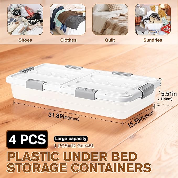 4 PCS*49 Qt Wheeled Latching Under Bed Storage, Double Opening Lids Stackable Bin with Latch Lid, Plastic Container to Organize Shoes Underbed, Clear with White Lid(White)