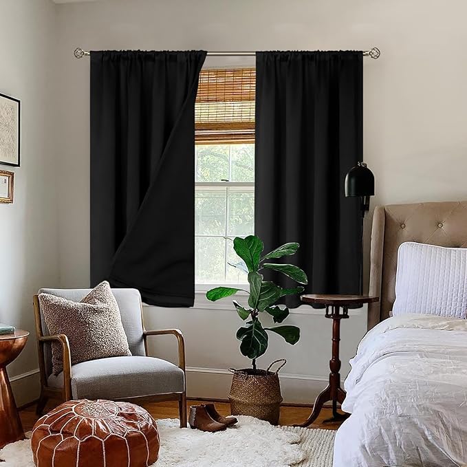 BGment Black Black Out Curtains for Bedroom Window 2 Panels Set, Bedroom Curtains Double Layer 100% Room Darkening Thermal Insulated Rod Pocket Window Drapes, Each 52 x 54 Inch,