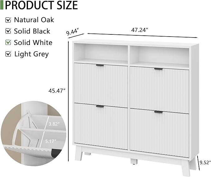 Shoe Cabinet with 4 Flip Drawers, 46" Tall Narrow Fluted Shoe Storage Organizer for Entryway, Hidden Slim Wooden Shoe Rack Cabinet for Front Door Entrance, Hallway, Living Room, Solid White