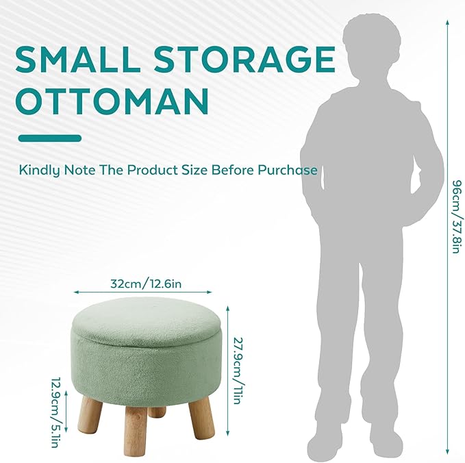 FIMIVIBI Small Foot Stool Ottoman with Storage, Soft Faux Fur Ottoman Foot Rest for Couch, Round Footstool with Storage, Small Ottomans and Footstools for Living Room and Entryway (Light Green)