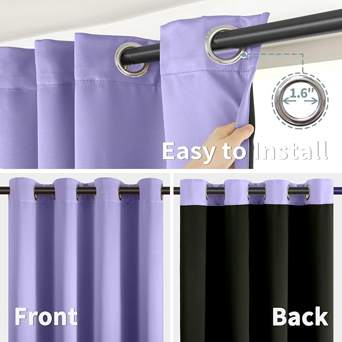BGment Thermal Insulated 100% Blackout Curtains for Bedroom with Black Liner, Double Layer Full Room Darkening Noise Reducing Grommet Curtain (42 x 45 Inch, Lavender, 2 Panels)