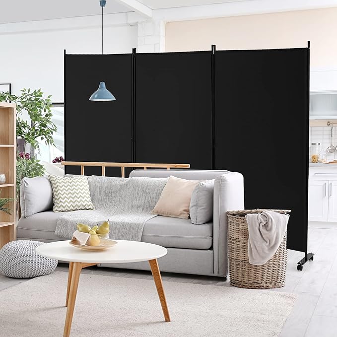 GOFLAME 3 Panel Folding Room Divider, 6FT Rolling Privacy Screen with Lockable Wheels, Portable Room Partition Screen, Freestanding Wall Divider and Separator for Home Office, Black