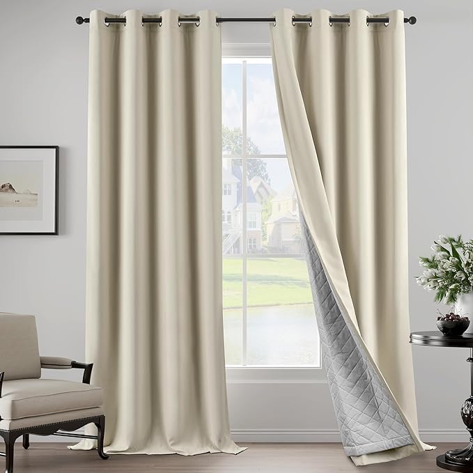 3-in-1 Blackout Curtains Soundproof Noise Reduction Curtains Beige Thermal Insulated Drapes for Winter Elegant Privacy Grommet Curtains for Living Room Bedroom (1 Panel, Beige, 50" x 108")
