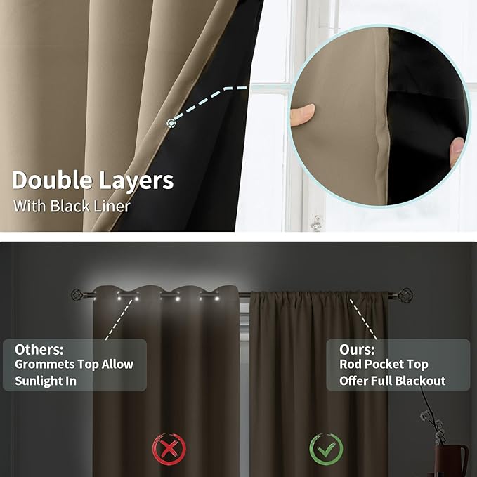 BGment 100% Blackout Curtains for Bedroom 72 Inch Length 2 Panels, Thermal Insulated Room Darkening Curtains Rod Pocket Soundproof Bedroom Living Room Window Curtains, Sand, Each 52 Inch Wide