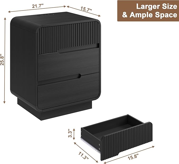 7 Drawer Dresser and 2 Nightstand Sets for Bedroom 3 Pcs Bedroom Set, Modern 47.2" Fluted Dresser with Invisible Handles Nightstand Charging Station, Bedroom Furniture Set for Living Room, Black