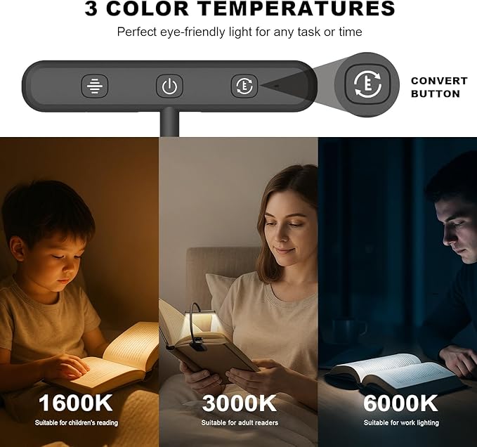 Rechargeable Book Lights for Reading at Night 25 LED - Eye Caring 15 Level Stepless Dimming, Extended 60Hrs Runtime, Lightweight Clip on Light, Gifts for Book Lovers, Black