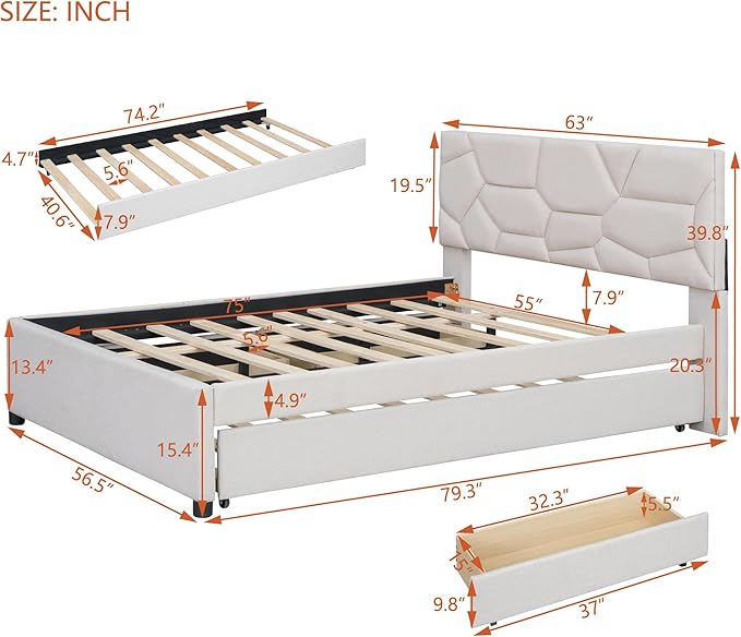 Full Size Bed Frame with Twin Size Trundle and 2 Storage Drawers,Linen Upholstered Platform Bed Frame Full with Brick Pattern Headboard,Solid Wood Slat Support,No Box Spring Needed,Beige
