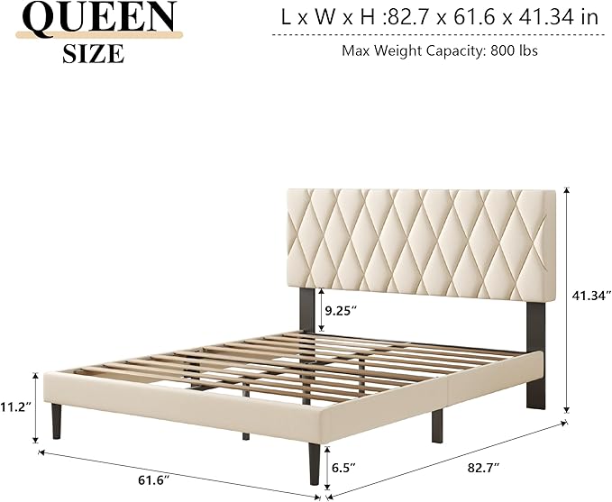 Queen Size Bed Frame with Diamond Tufted Headboard, Velvet Upholstered Platform Bed and Wooden Slat Support, Noise-Free, No Box Spring Needed, Easy Assembly, Beige