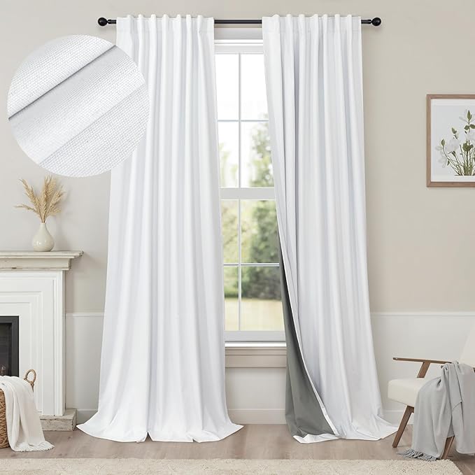 White Blackout Curtains 96 Inches Long 2 Panel Burg for Bedroom Thermal Insulated Total Black Out Boho Extra Wide Window Drape for Living Room Thick Linen Textured Soundproof Back Tab 8ft 52x96 Length