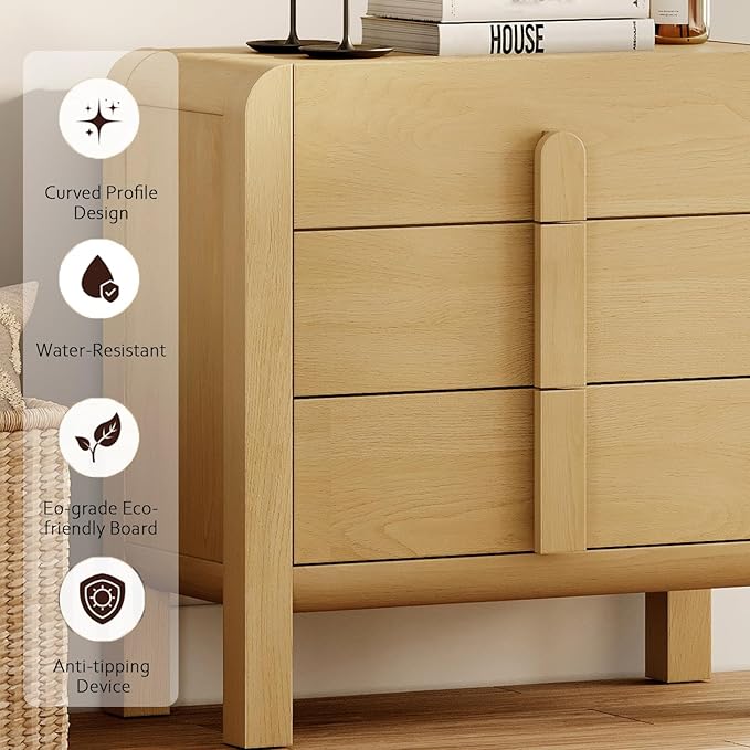 WAMPAT Modern 3 Drawer Nightstand, 31.5" Tall Nightstand End Table Bed Side Table w/Curved Profile Design, Wooden Bedroom Dresser with Large Chest of Drawers for Bedroom, Living Room, Oak