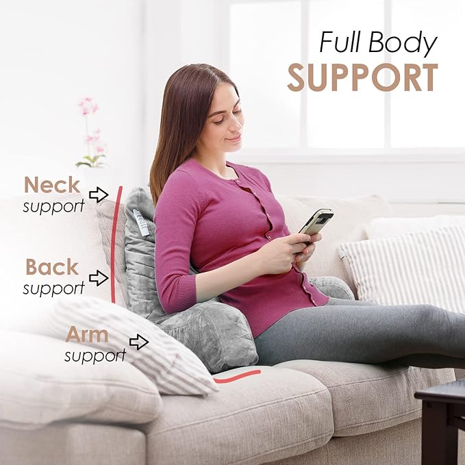Nestl Reading Pillow with Shredded Memory Foam, Designed for Sitting Up in Bed and Couch, Back and Arms Adjustable Support for Adult & Teens Backrest Pillows for Reading with Washable Cover Light Grey