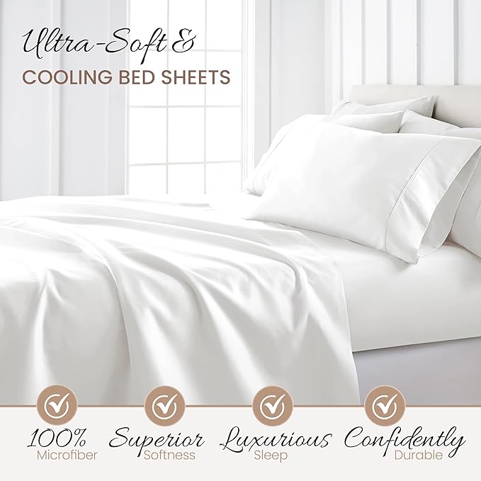 Linen Market Brushed Microfiber King Sheet Set 4 Piece – Oeko-TEX Certified Ultra Soft & Wrinkle-Free - 16" Deep Pocket Sheets - Easy Care King Size - White