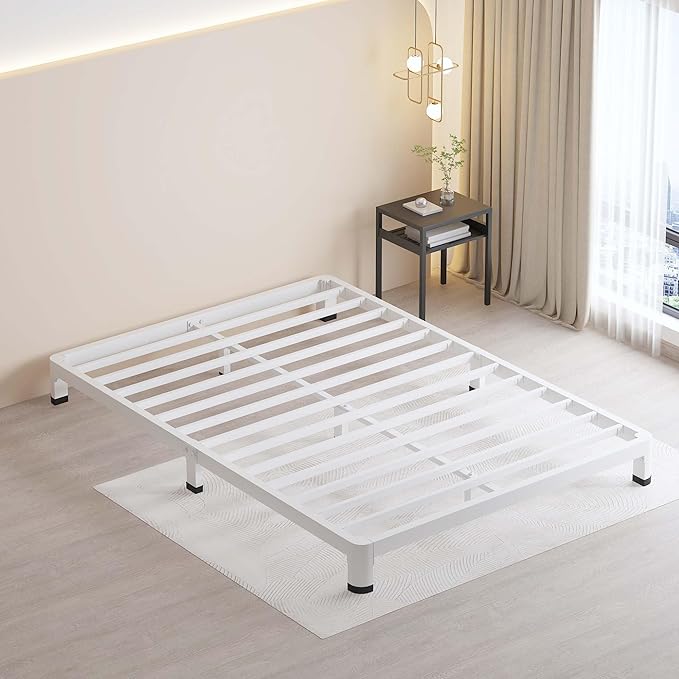 MAF 4 Inch Full Size Metal Platform Bed Frame White with Round Corner Legs, Mattress Slide Stopper, 3000 LBS Heavy Duty Steel Slats Support, Noise Free, No Box Spring Needed, Easy Assembly