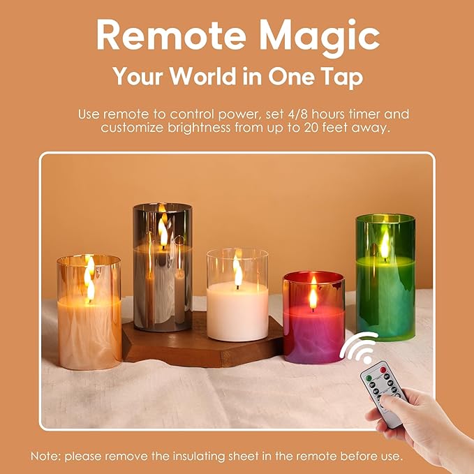 Eywamage Gold Glass Flameless Pillar Candles with Remote, Flickering Christmas LED Candles Battery Operated Set of 3