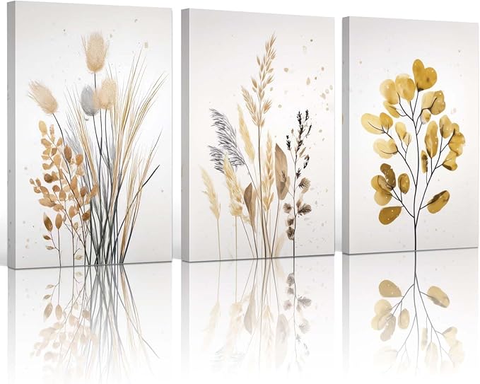 YCJKJDZ Beige Botanical Wrapped Canvas Wall Art Set of 3, Boho Watercolor Wildflower Pampas Grass Poster Neutral Leaf Art Fall Nature plant Prints for Living Room, Bedroom, Office, – 16x24 in