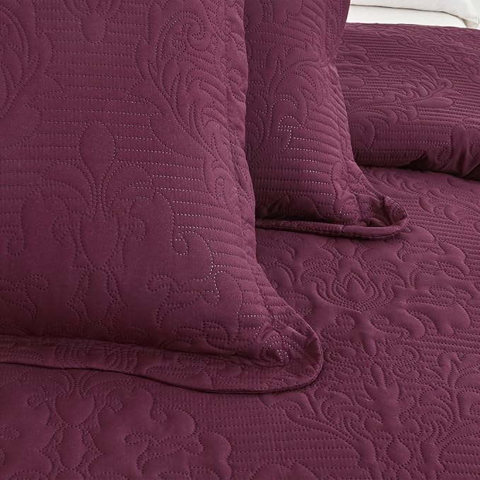 CHIXIN Bedspread Coverlet Quilt Set Full Size - Lightweight Bedding Cover - Ultrasonic Quilting - 5 Piece Reversible Bedspread - Elegant Damask Paisley Pattern (Full, Purple)