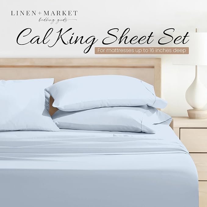 Linen Market Bed Sheets for Cal King Size Bed (Light Blue) - Sleep Better Than Ever with These Soft and Cooling California King Sheets - Deep Pocket Fits 16" Thick Beds - 4 Piece Cal King Sheet Set