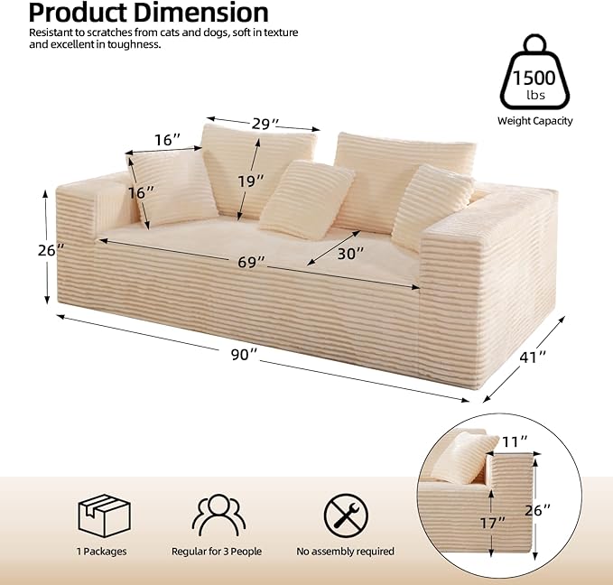Boneless Cloud Couch Sofa, 3 Seater Deep Seat Modern Lounge Sleeper Couch, No Assemble, Corduroy Compression Upholstered Couches for Living Room, Bedroom, Apartment, Dorm, Office