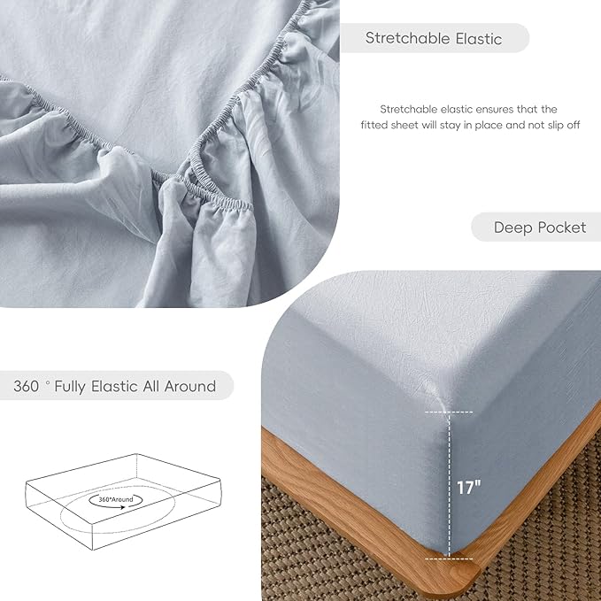 MooMee Fitted Bottom Sheet Only 100% Washed Cotton Linen Like Textured Breathable Durable Soft Comfy Deep Pocket Fits Mattress up to 17" (Cornflower Blue, Queen)