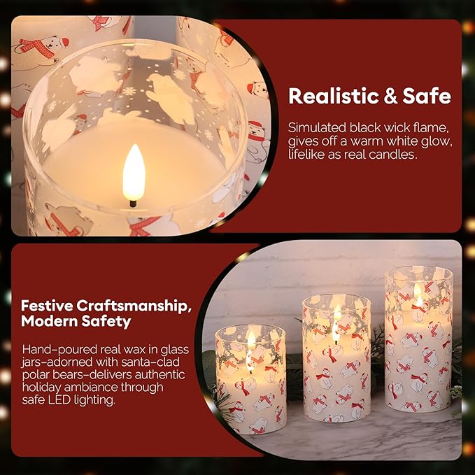 Eywamage Christmas Glass Flameless Pillar Candles with Remote, Flickering LED Battery Candles Bear Holiday Winter Table Decor Gift Set of 3