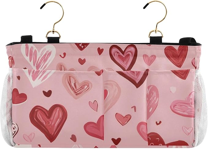 Bedside Caddy Hanging Bunk Bed Caddy Bed Organizer Hanging Pocket with 2 Hooks Bedside Storage Organizer Pocket Bag Holder Pink Cute Hearts