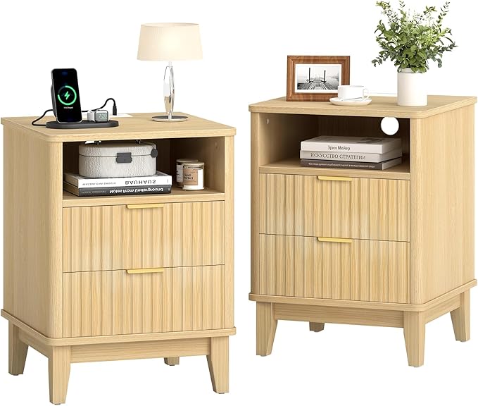 Night Stand Set of 2 with Charger Station, Fluted Nightstand with Drawers and Storage Shelf, Mid Century Modern Bedside Table Nightstands, Large Bed Side Table Wood Night Stands for Bedroom