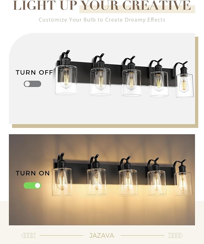 5 Light Bathroom Vanity Light, Black Light Fixture Morden Bathroom Lighting Fixtures Over Mirror Black Wall Sconces with Clear Glass Shade ZCVL01BK-5