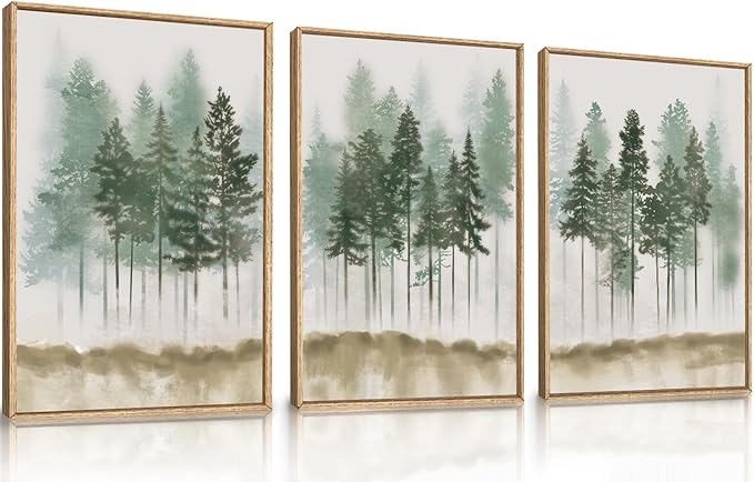LHIUEM Foggy Pine Tree Framed Canvas Wall Art,Abstract Green Forest Wall Decor,Watercolor Nature Misty Forest Art Print for Living Room, Bedroom,Dining Room, Office-16''x24''x3