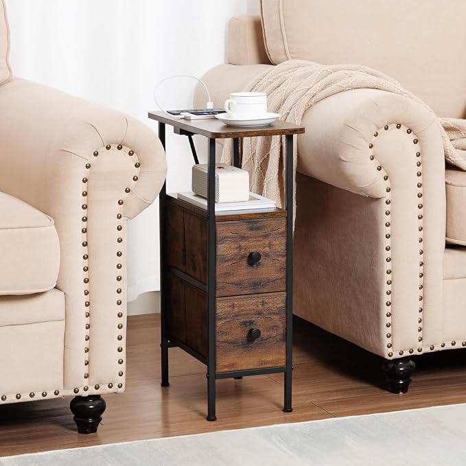 LOAKEKEL Narrow End Table Living Room with Charging Station, Skinny Side Table with Fabric Drawers, Slim Nightstand for Bedroom, Small Spaces, Couch, Rustic Brown, HETNDP02PBR-1