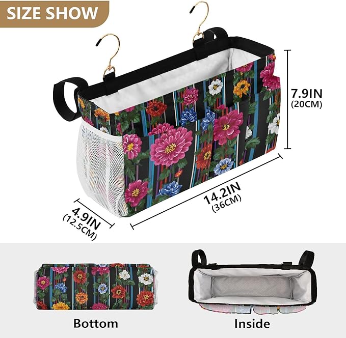 Bedside Caddy Hanging Bunk Bed Caddy Bed Organizer Hanging Pocket with 2 Hooks Bedside Storage Organizer Pocket Bag Holder Mexican Flowers Stripe