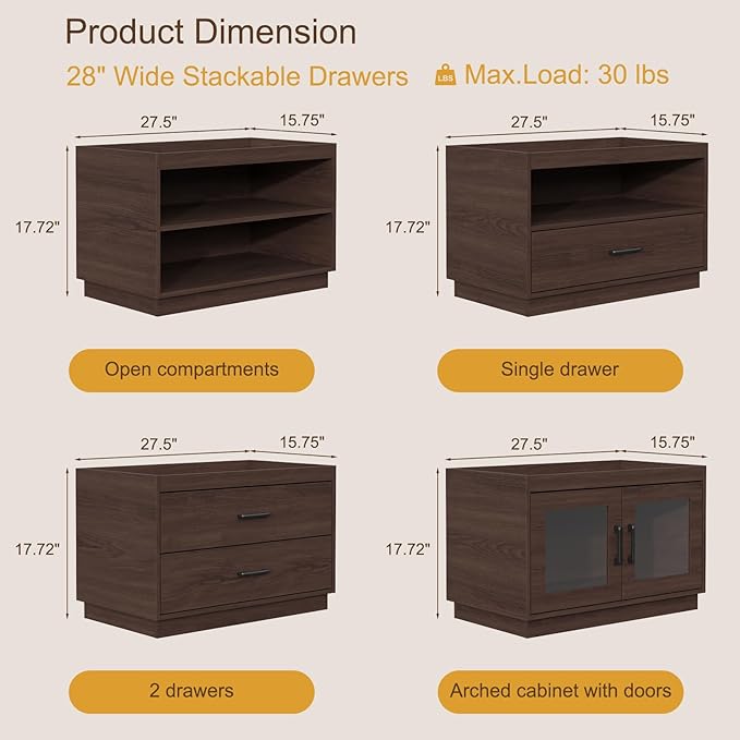 Stackable Storage 2-Shelf, 28" Wide Storage Bins with Open Compartment for Closet Organizers, Wood Stackable Closet Organizer Modern Large Stackable Storage Units for Living Room Hallway, Brown